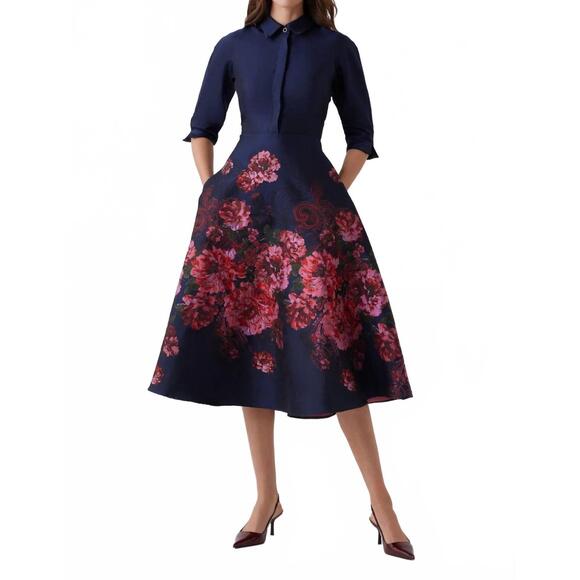NEW TERI JON jacquard floral paisley shirt waist midi dress in navy multi - Picture 3 of 4